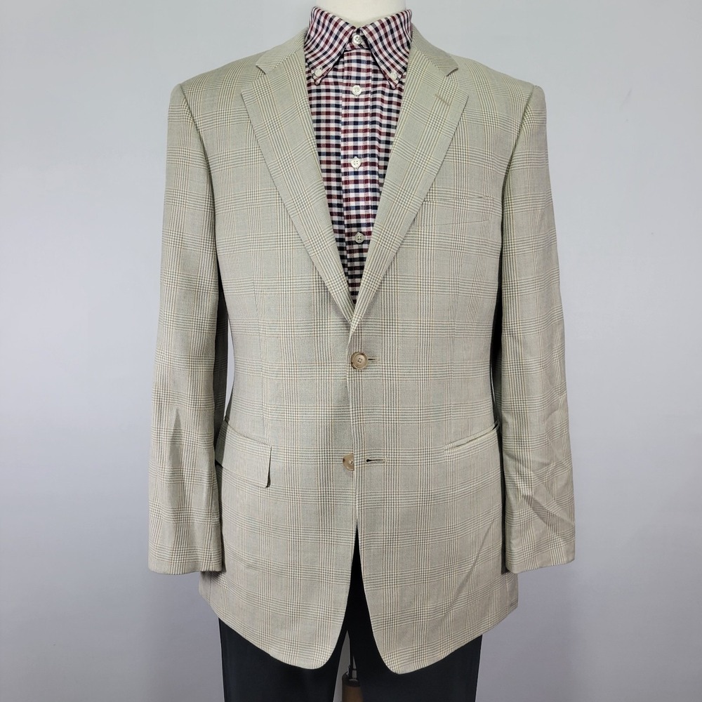 John W‎ Nordstrom Men's Sport Coat Blazer Two Button Beige Plaid Silk Wool 40R